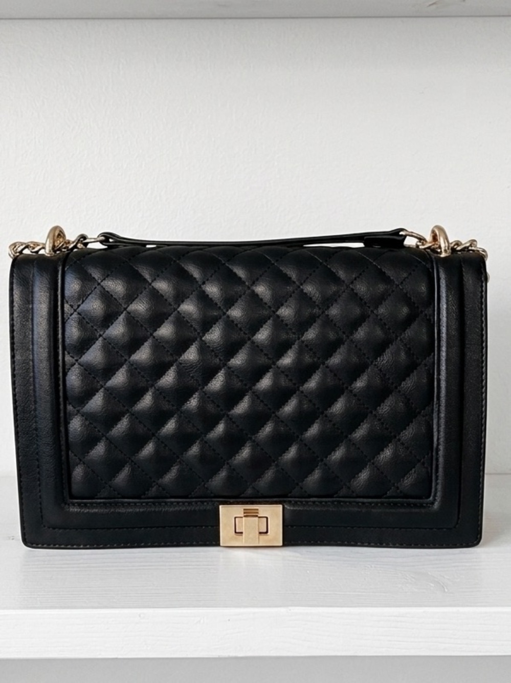 INC Black Leather Quilted Flap Crossbody Shoulder Bag Gold Turn-Lock Chain NWT